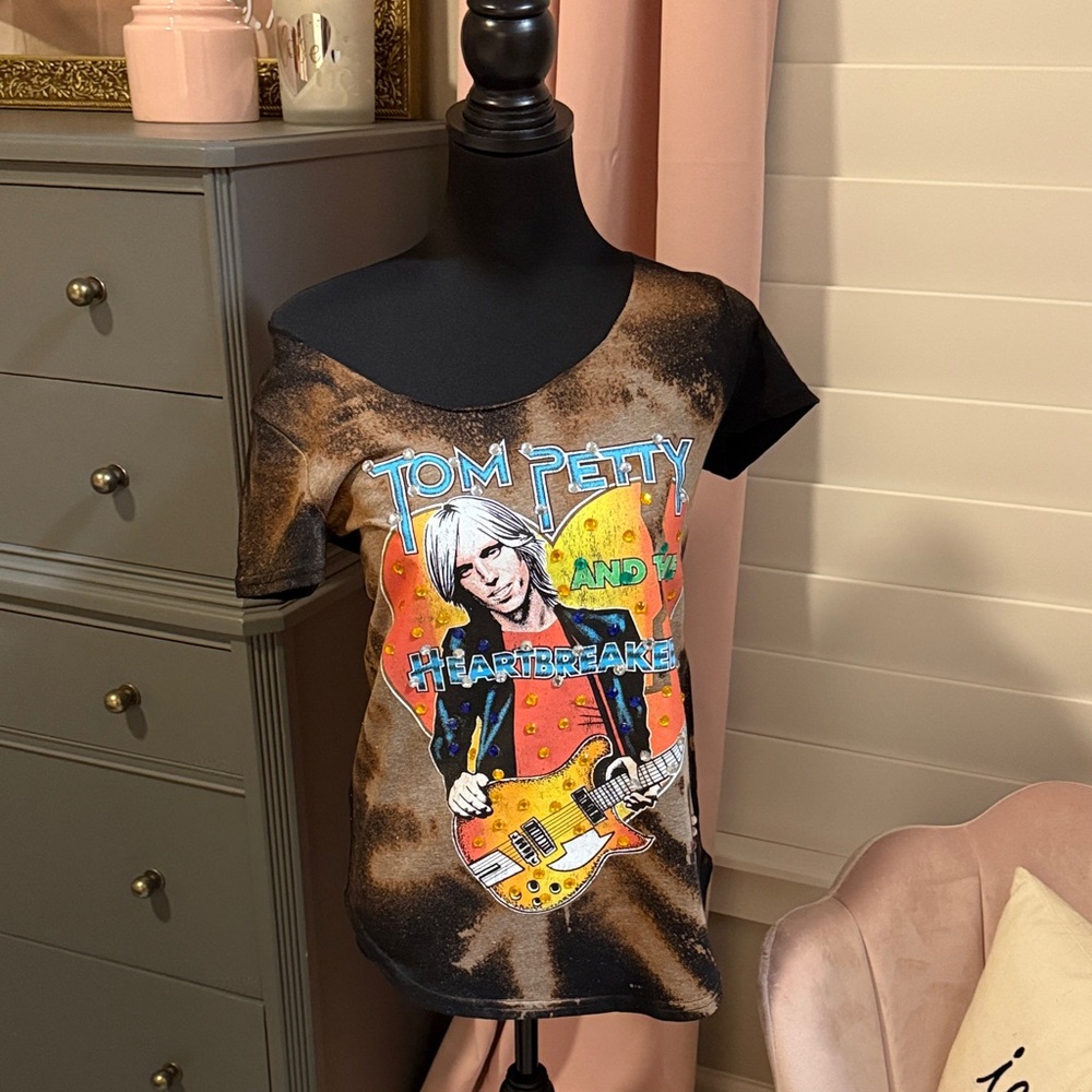Tom Petty Graphic Blinged Out T Shirt - Black/Burnout Design